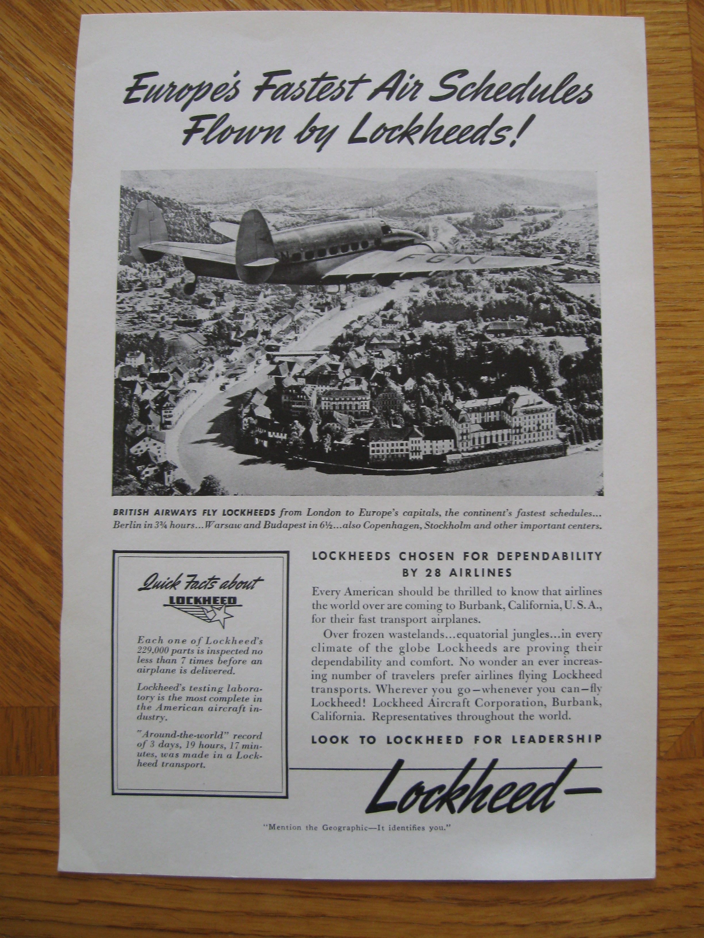Europe's fastest air schedules flown by Lockheed 1939 Ad